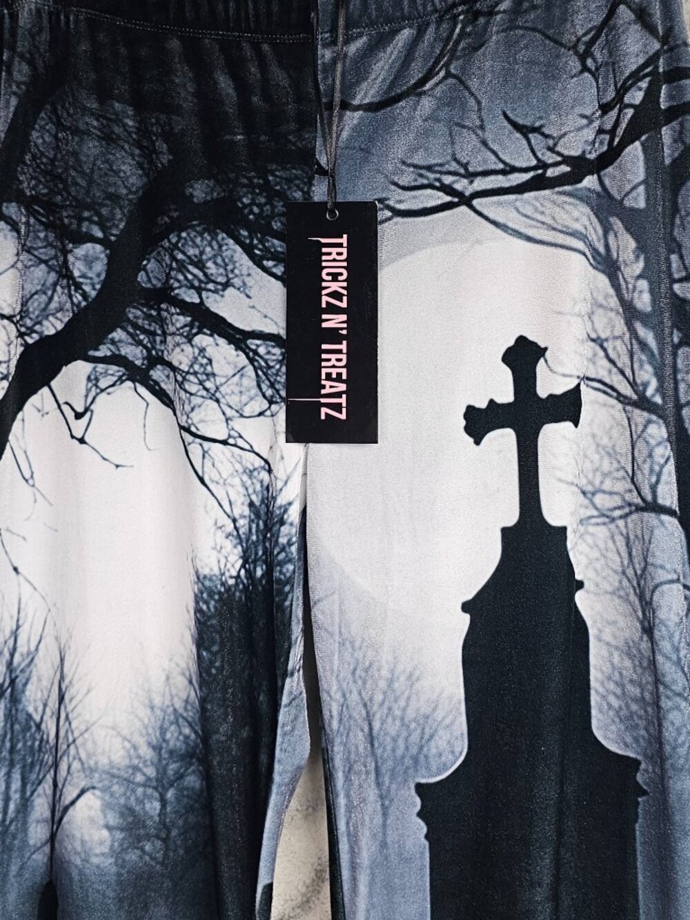 Dolls Kill Trickz N Treatz 2X Plus Spooky Sanctuary Flare Pants Cemetery Grave - Picture 3 of 5
